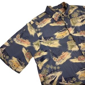 Reyn Spooner Hawaiian Shirt Mens L Blue Cars Tropical Palm Trees Chest Pocket